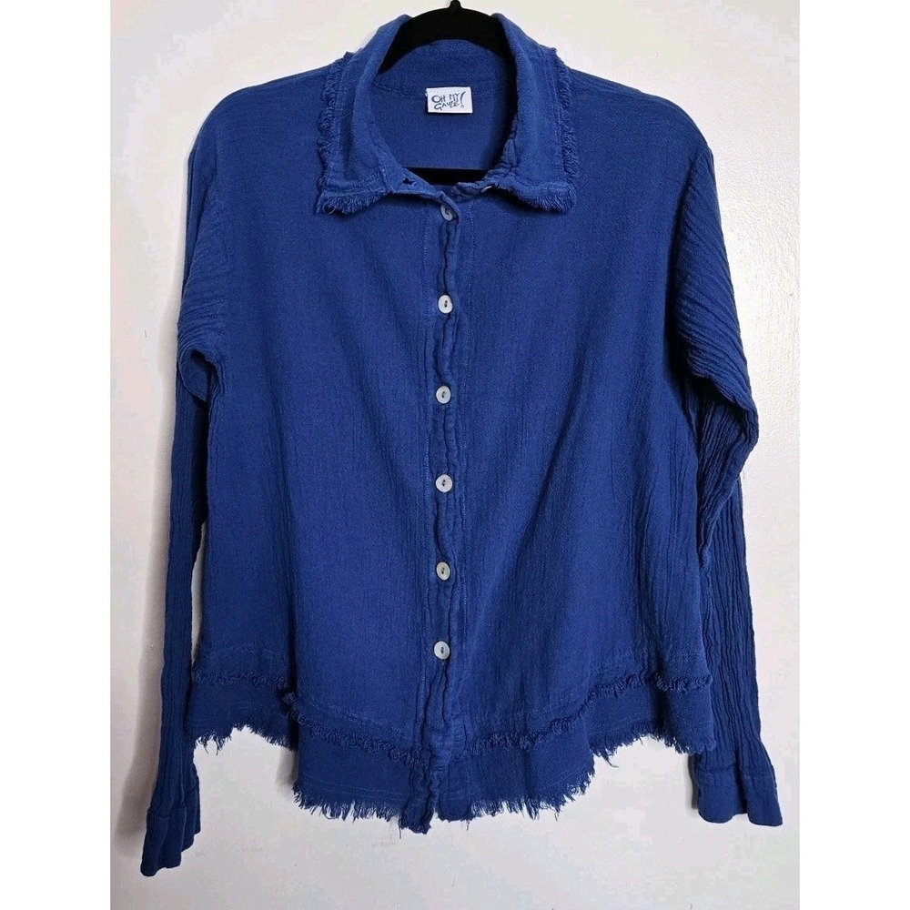 Oh My Gauze! Womans Button Up Top Blue Solid 1 Cotton Long Sleeve Distressed